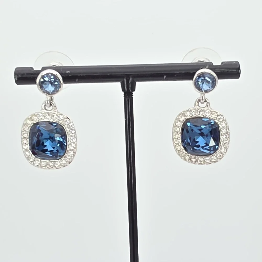 New! GIVENCHY Earrings SWAROVSKI Crystals Blue & Clear‎ Silver Plate Dangle Drop